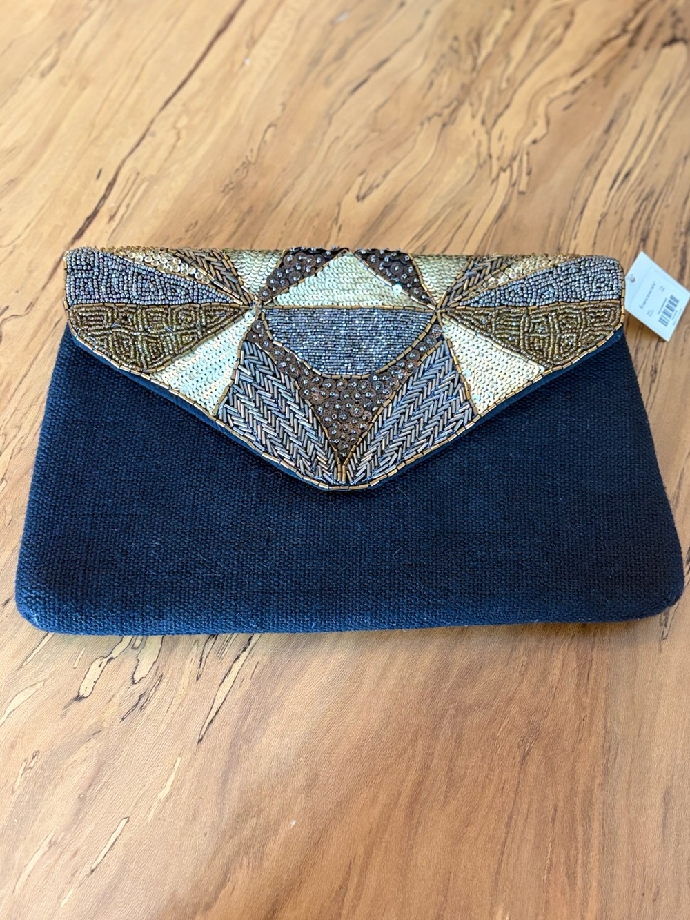 Francesca’s Black Beaded Sequin Clutch Purse Gold Chain Strap Art Deco Inspired